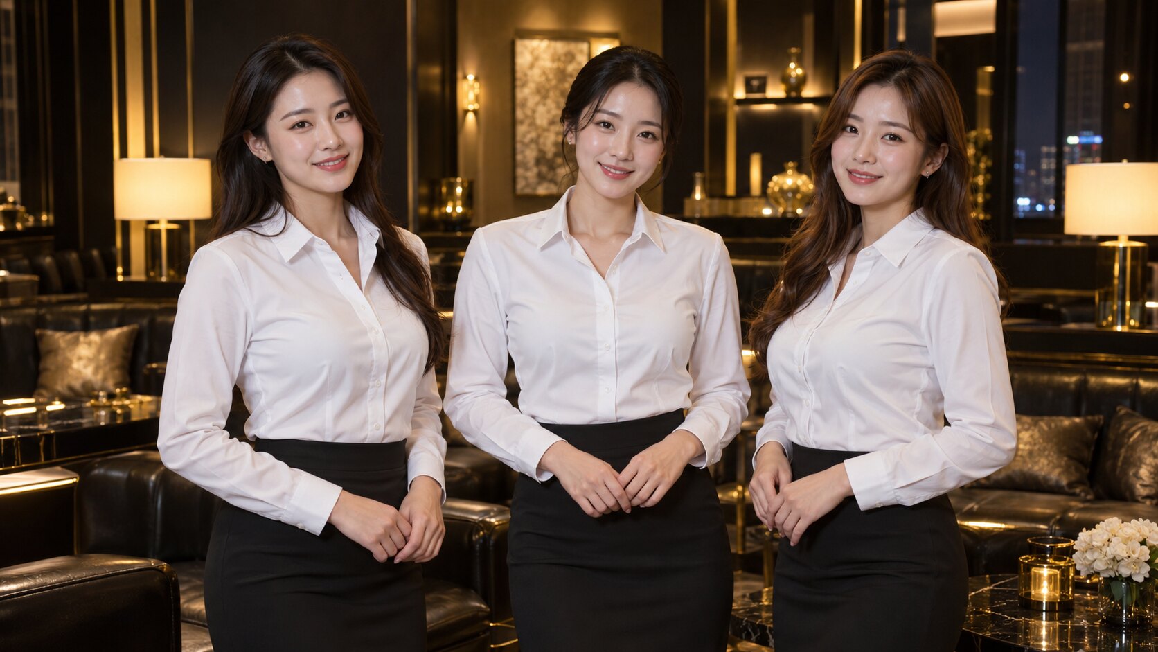 고급 라운지의 흰 셔츠 여성 호스트 세 명